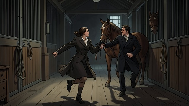 A Shot in the Stable from "The Outlaws". A Shot in the Stable Danger at the Exit As Kate runs toward her horse, Del suspects the stable may be watched and pulls her back.