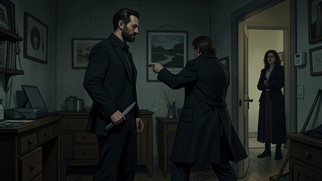 Birney’s Failed Attack from "The Outlaws". Birney’s Failed Attack A Hidden Threat Revealed Del keeps watch after The Kid sees Birney approach the house at night.