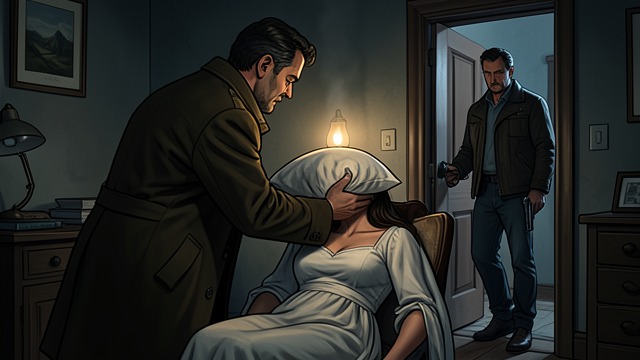 Pillow at the Bedside from "The Outlaws". Pillow at the Bedside A Quiet Murder Attempt A hired man presses a pillow over Kate’s face while she is in bed.