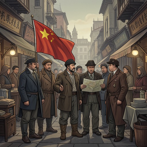 The Foreign Enclave from "Babel". This flow traces the Thirteen Factories as a space where foreign merchants reproduce England abroad while remaining dependent on Chinese authority.