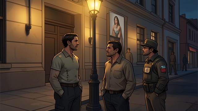 A Picture in the Street from "The Museum of Innocence". A Picture in the Street Two men look together Kemal shows Orhan Pamuk the photograph of Füsun wearing a numbered swimsuit.