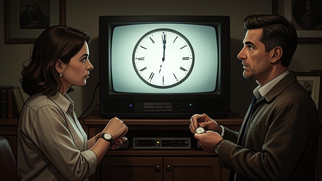The Television Clock from "The Museum of Innocence". The Television Clock Official time enters the room Before the evening news, a clock appears on television.
