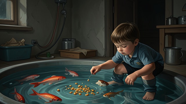 The Feeding Ritual from "The Character of Rain". The Feeding Ritual A daily duty At noon, the child breaks puffed rice cakes and throws them into the pool.