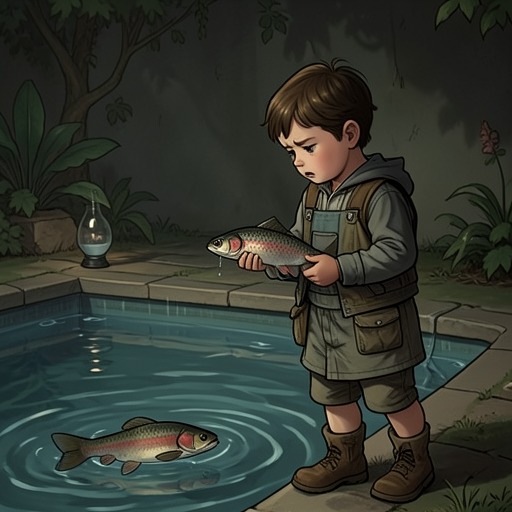 The Child Versus the Carp from "The Character of Rain". This flow traces how a birthday gift and daily feeding obligation evolve into a conflict between the child and the body of life it sees in the pool.