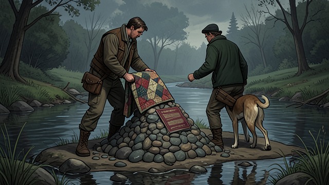 The Stone Cairn from "The Dog Stars". A Farewell on the Trail Burial by the creek Hig buries Jasper at their favorite camp, wraps him in the quilt, and builds a mound of stream stones over him.