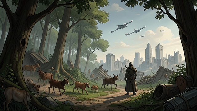尚未写完的未来,《狗星》中的场景。废墟之后的生存 复苏的迹象 野生动物重新出现在一些地区,但其他物种和水道仍在不断消失。活下来并不等同于生态复原。 新的不确定性 喷气式飞机掠过天空,地面上的人们没有回应。旧世界或许已经消逝,但未来仍可能给幸存者带来意外。