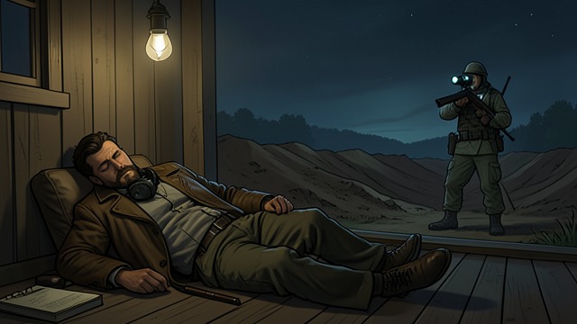 The Night Watch from "The Dog Stars". Sleeping Outside A decoy house Hig sleeps beyond a berm while leaving a porch light burning.