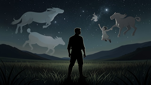 星座,《狗星》中的场景。为缺席者勾勒身影 私人的天空 没有了旧星图,希格便为动物、梅丽莎和那个从未出生的孩子创造星座。天空成了安放被铭记生命的地方。 以命名维系联结 这些虚构的星象无法改变已经发生的一切,却让希格得以继续呼唤那些逝去的人,而不是让他们湮没无名。