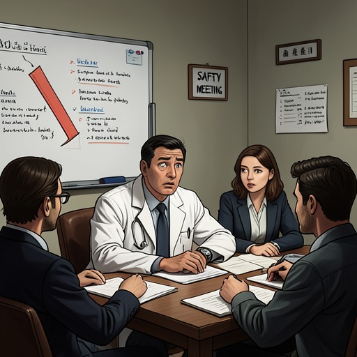 The Safety Marking Rule from "This Is Going to Hurt". This flow follows a joking question about wrong-site surgery as it becomes an official safeguard against a real institutional danger.