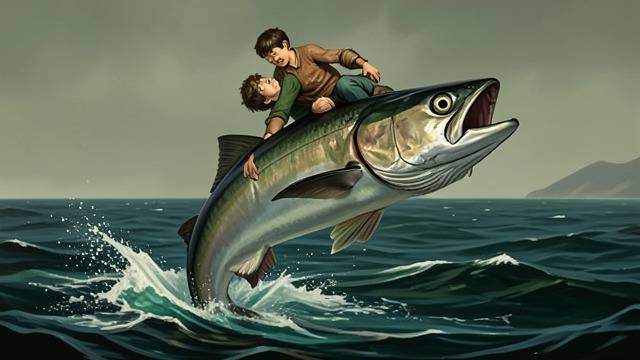 Help Returned at the Shore from "The Adventures of Pinocchio". Survival Through Mutual Aid The Tunny Appears Pinocchio and Geppetto are exhausted and close to drowning when the Tunny hears them.