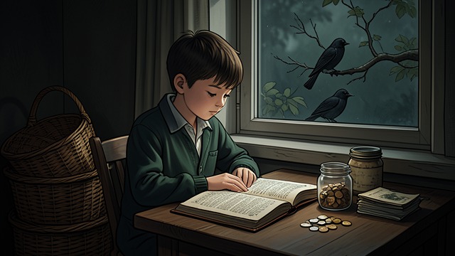 Study by Lamplight from "The Adventures of Pinocchio". A New Routine Learning After Labor Pinocchio draws water each morning, makes baskets to sell, and studies at night using a secondhand book and improvised…