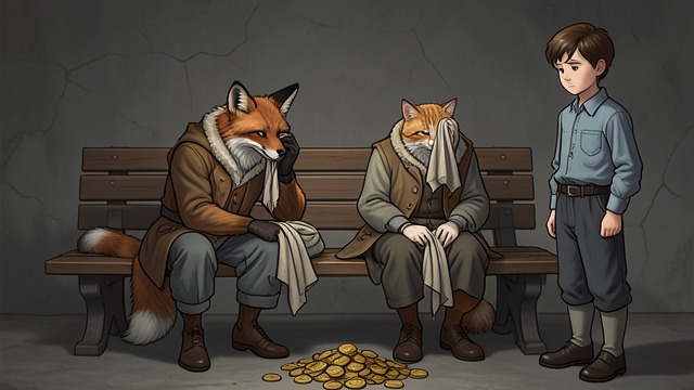 The Partners’ Downfall from "The Adventures of Pinocchio". A Broken Partnership Poverty Exposes Their Past Pinocchio encounters the Fox and the Cat begging for alms.