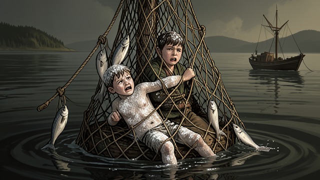 Captured by the Green Fisherman from "The Adventures of Pinocchio". A New Captor Net and Cave Pinocchio is lifted from the sea in a fishing net and carried into the Green Fisherman’s cave.