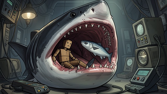Pinocchio Meets the Tunny from "The Adventures of Pinocchio". A Companion in Captivity Shared Danger Pinocchio discovers a Tunny trapped in the Shark alongside him.