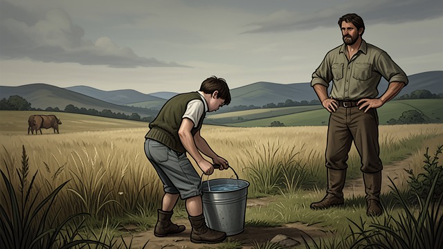 Food Earned for Family from "The Adventures of Pinocchio". Hunger Becomes Responsibility Work for Milk Pinocchio draws water for Farmer John in exchange for milk to feed Geppetto.