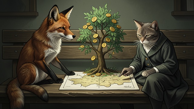 The Investment Pitch from "The Adventures of Pinocchio". Selling a Fantasy Wealth Without Work The Fox describes the Field of Wonders, where buried coins supposedly grow into a tree of gold.