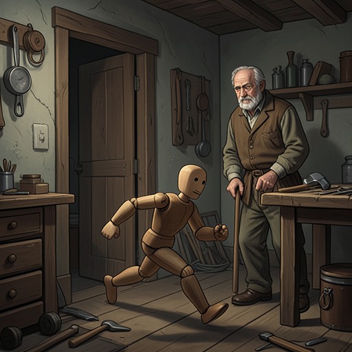 Pinocchio’s Making and First Escape from "The Adventures of Pinocchio". The first living wooden puppet moves from playful creation to impulsive flight, leaving Geppetto to face the consequences of making a child he cannot yet guide.