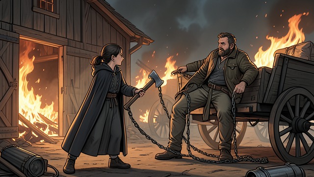 The Burning Wagon from "A Clash of Kings". Liberation by Axe Choice Arya Stark returns to the burning barn instead of abandoning the chained prisoners.