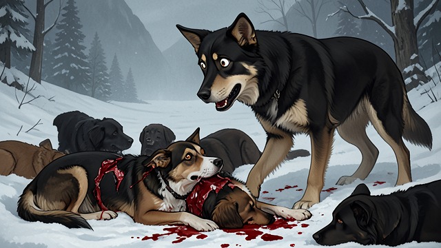 Lesson in the Snow from "The Call of the Wild". The Pack Closes In Curly is overwhelmed once she falls, and the dogs tear her apart beneath the snow.
