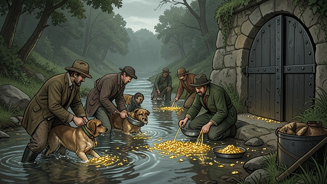 The Gold Valley from "The Call of the Wild". Discovery without the Cabin The travelers find a shallow placer where gold lies across the bottom of their washing pans.