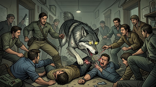 The Human Killers from "The Call of the Wild". The Fiend Incarnate Buck attacks the Yeehats with extraordinary speed, tearing through their formation before they can use their weapons effectively.