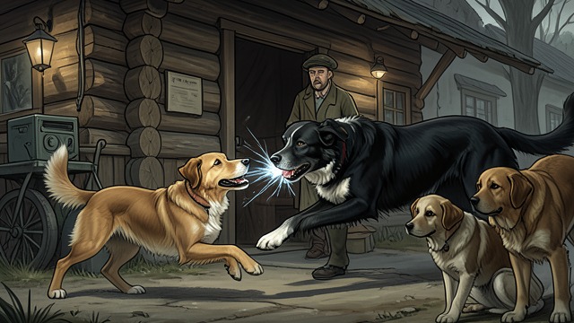 The Friendly Approach from "The Call of the Wild". An Innocent Greeting Curly approaches a Husky near the log store without any warning that a fight is coming.