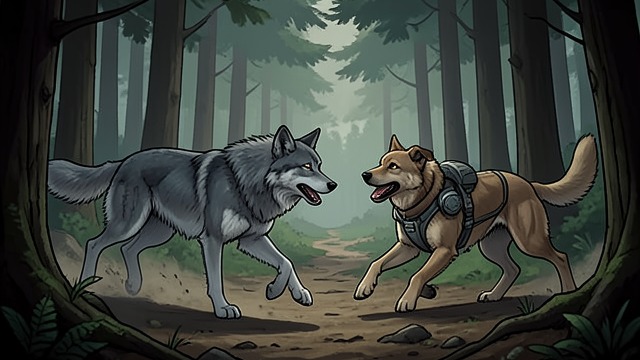 The Wild Brother from "The Call of the Wild". Meeting the Gray Wolf Buck encounters a Gray wolf and pursues him through the forest without trying to kill him.