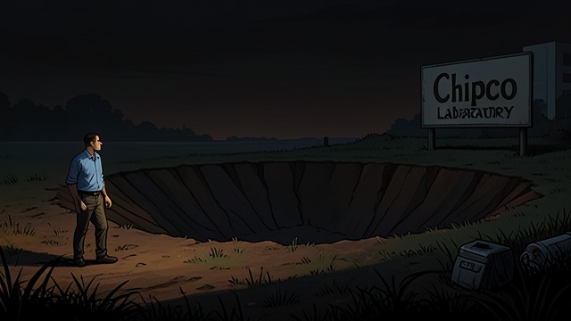 A Giant Footprint Appears from "Vineland". A Laboratory Is Crushed Destruction without casualties Takeshi examines the enormous footprint-shaped crater where a Chipco laboratory once stood.