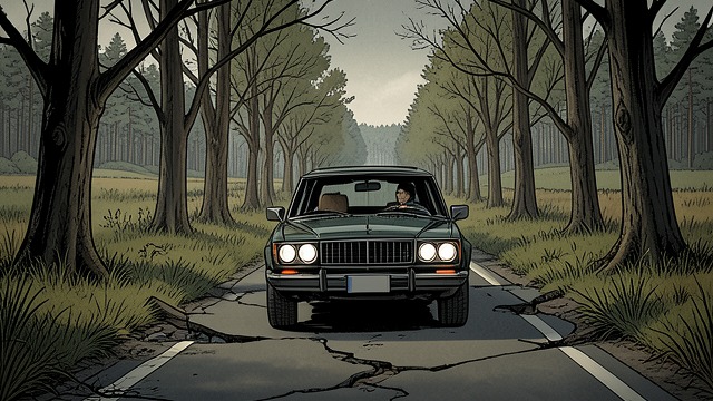 The Road into Shade Creek from "Vineland". A Route Between Worlds Travel becomes passage Vato and Blood drive through damaged bridges and remote roads into the Shade Creek region.