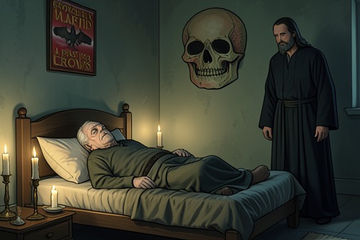 Maester Aemon’s Death from "A Feast for Crows". Maester Aemon’s Death is presented not as a sudden interruption but as the final narrowing of a long life devoted to service, memory, and restraint.