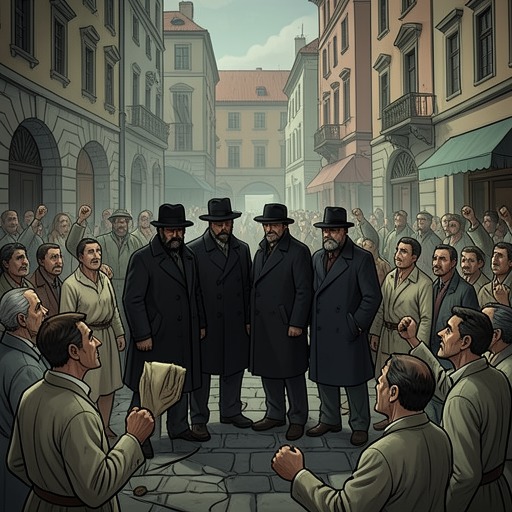 Revolution as Spectacle from "M: Son of the Century". This flow traces how parades, speeches, symbols, and staged crowds turn political power into a public performance.