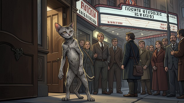 The Theatre Door from "Old Possum's Book of Practical Cats". The Theatre Door An Aging Performer Gus is introduced at the theatre door as a thin, shabby cat. Palsy makes his paw shake, marking the effects of age.