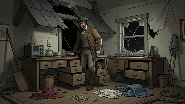 Household Disorder from "Old Possum's Book of Practical Cats". Household Disorder Signs of Entry An open window, a damaged roof, and pulled-out drawers suggest intrusion.