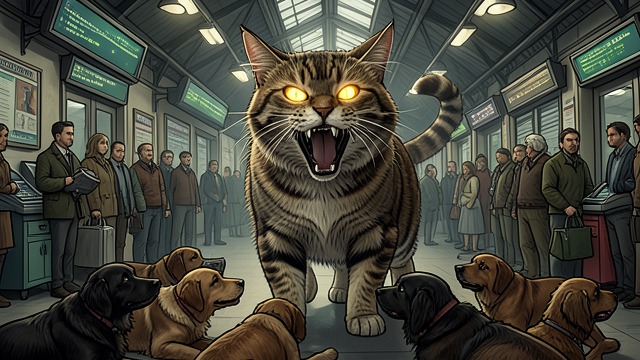 Authority Through Fear from "Old Possum's Book of Practical Cats". Authority Through Fear A Fearsome Image The Great Rumpuscat’s blazing eyes and immense jaws stop the dogs’ uproar. His appearance produces immediate obedience.