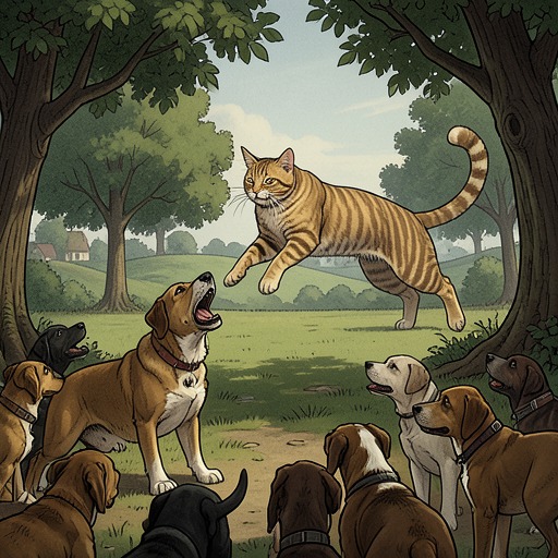 From Feud to Sudden Peace from "Old Possum's Book of Practical Cats". This flow traces the transformation of a dog rivalry into a dangerous public uproar and its abrupt resolution by the Great Rumpuscat.