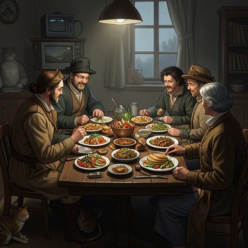 Food as Character and Relationship from "Old Possum's Book of Practical Cats". This flow traces how meals and offerings reveal appetite, social standing, household care, and the slow work of gaining a cat’s trust.