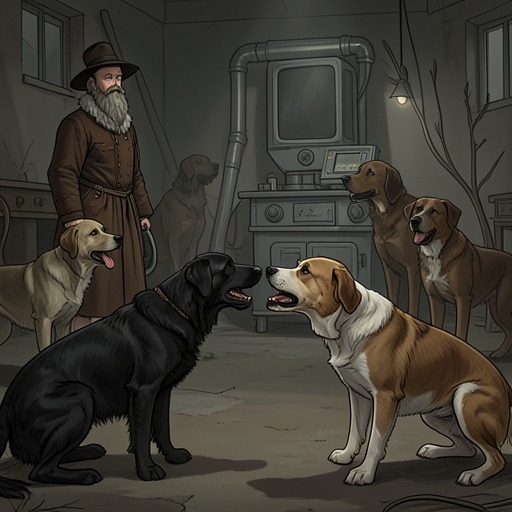 The Dogs’ Rivalry from "Old Possum's Book of Practical Cats". This flow traces the Pekes and Pollicles from a chance meeting through escalating pack participation to the sudden dispersal of their confrontation.