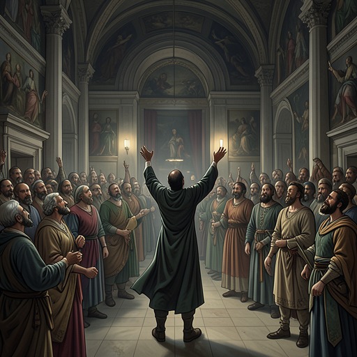 Rhetoric versus Reason from "Paradise Lost". This flow traces how persuasive speech repeatedly reframes reality, from Satan's political arguments to Adam's final acceptance of disciplined wisdom.