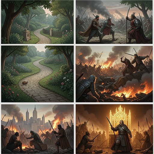 The Escalation of Violence from "Paradise Lost". This flow traces conflict from rebellion and rhetorical contest to celestial warfare, human murder, empire, and final judgment.