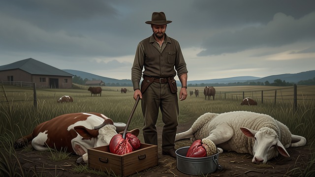 The Livestock Reports from "The Pale Blue Eye". The Livestock Reports Hearts beyond the Academy A newspaper reports that a cow and a sheep were killed and their hearts removed near Haverstraw.
