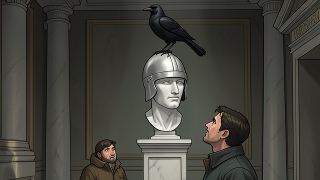 Pallas’s Defeat from "The Raven". Pallas’s Defeat Wisdom Beneath Bird The Raven perches on a bust of Pallas, associated with wisdom.