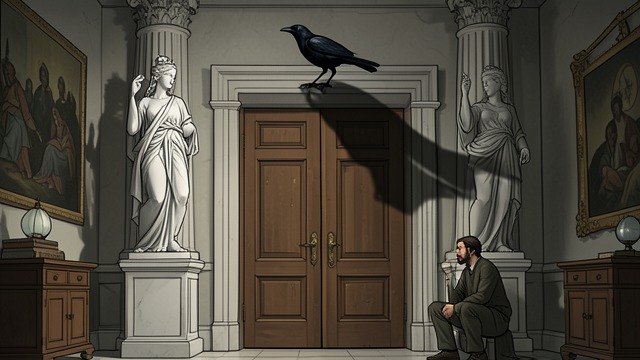 Bust and Door from "The Raven". Bust and Door Fixed Composition The Raven, Pallas bust, and chamber door form a repeated visual arrangement. The scene becomes almost emblematic.