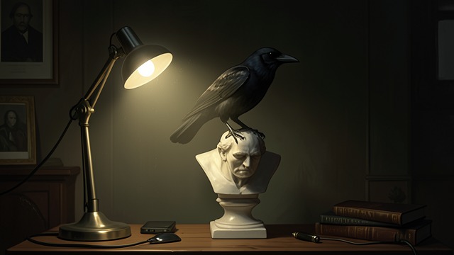 Lamp on Raven from "The Raven". Lamp on Raven Illuminated Intruder Lamp light falls across The Raven and the surrounding chamber. The bird is visible but not explained.