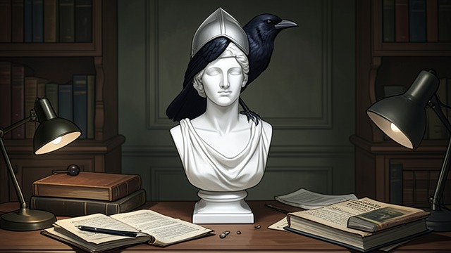 Pallas Perch from "The Raven". Pallas Perch Authority Above The Raven settles upon a bust of Pallas, occupying a symbolically elevated position.