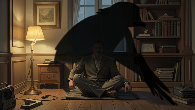 Floating Shadow from "The Raven". Floating Shadow Light and Obstruction Lamp light throws The Raven’s shadow across the floor. The shadow materializes an influence larger than the bird itself.