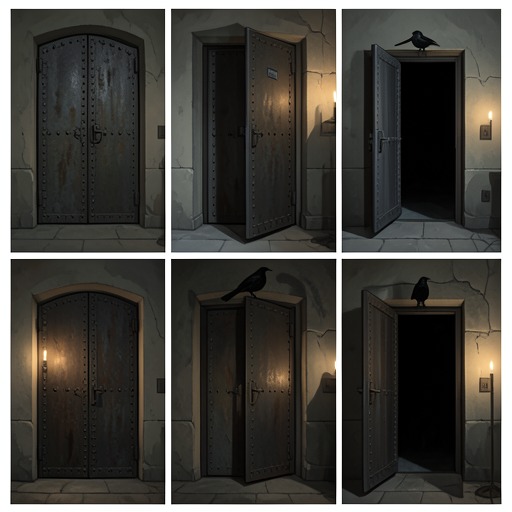 The Doorway Threshold from "The Raven". This flow follows the chamber door as it changes from ordinary boundary into a symbol of inaccessible loss.