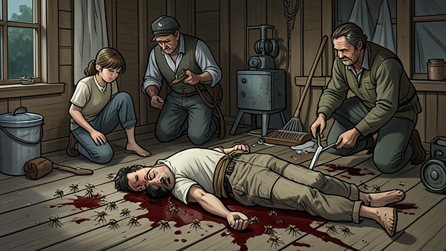 The First Flies from "The Cabin at the End of the World". The First Flies A Changed Cabin Redmond’s body is dragged onto the deck, and blood remains across the cabin floor. Flies begin to gather around the aftermath.