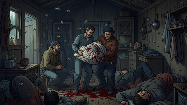 The House of Decay from "The Cabin at the End of the World". The House of Decay Blood and Insects The cabin contains multiple bodies, blood on the floor, and flies moving across faces and walls.