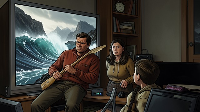 The First Broadcast from "The Cabin at the End of the World". The First Broadcast Evidence on Screen The family watches reports of earthquakes and tsunamis.