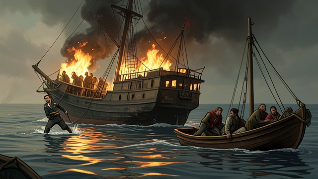 Fire and Survivors from "The Good Shepherd". Fire and Survivors A vessel burns During the night attack, a merchant ship erupts in flames after a submarine penetrates the convoy.
